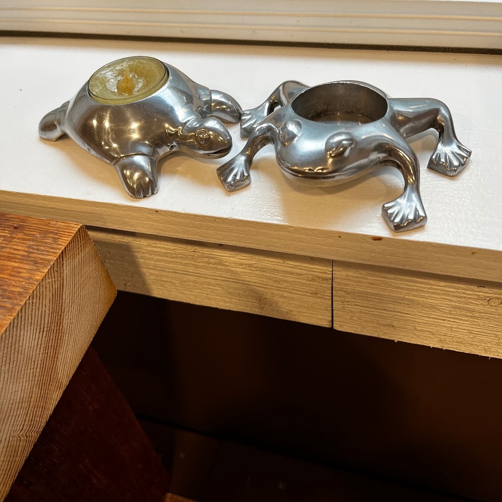 Restoration Hardware Frog & Turtle Aluminum Chrome Tea Light Candle Holders